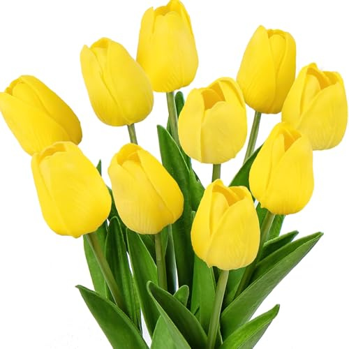 dellyy Tulipani Artificiali 10 Pezzi, Tulipani Finti come Veri, Fiori Artificiali Realistici per la Decorazione di Soggiorno e Camera da Letto, Tulipani Artificiali come Veri (giallo)