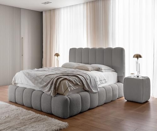 FURNISTAR Lit capitonné Chloe avec tiroir de lit, 140x200, lit double avec rangement et sommier à lattes, aspect boxspring, sans matelas, chambre - Gris