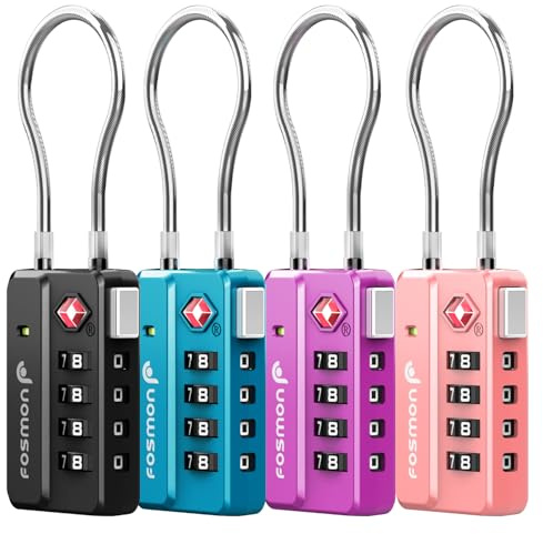 Fosmon Luggage Locks TSA Approved for Luggage & Suitcase, 4 Digit Mini Cable Locks Long Wire Padlock with 4 Combinations and Easy Reset Switch for Travel, Gym Locker, Gun Case, Backpack Zipper- 4 Pack