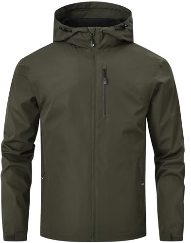 Huayuzh Chubasquero para hombre, impermeable, ligero, chaqueta de lluvia, camping, senderismo, transpirable, plegable, chaqueta softshell con capucha, Verde militar, M