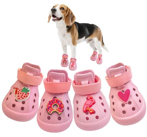 Dog Shoes,Non-Slip Waterproof Sandals for Hot Pavement, Breathable Perforated Boots,Adjustable Straps Dog Rain Booties for Summer Beach and Rainy Day(Pink,#7)