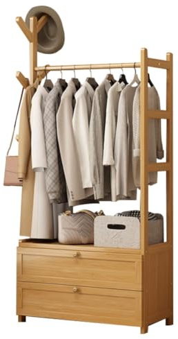 Armadio aperto in legno di bambù con cassetti, appendiabiti compatto autoportante per camera da letto, ideale piccoli armadi per soluzioni salvaspazio