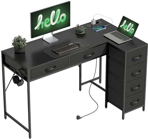 HOMCOM Scrivania Angolare Reversibile con Prese di Corrente e Porte USB, 126x48 cm Scrivania ad Angolo ad L con 6 Cassetti in Tessuto, Gancio Laterale, per Computer Ufficio Studio Casa, Nero