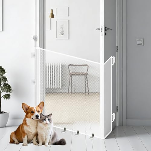 Hundgrind, Uppdaterad Version, med Justerbar Lås + Slitsskydd, Installation Utan Hål, Universal för Katter Och Hundar, För Kök, Balkong, Korridor (Vit, 150 * 78 cm)