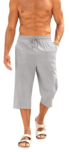 Runcati herr bomull linne bermudashorts 3/4 längd sommarbyxor yoga jogging casual träningsbyxor sport fritidsbyxor med fickor, Grå, L