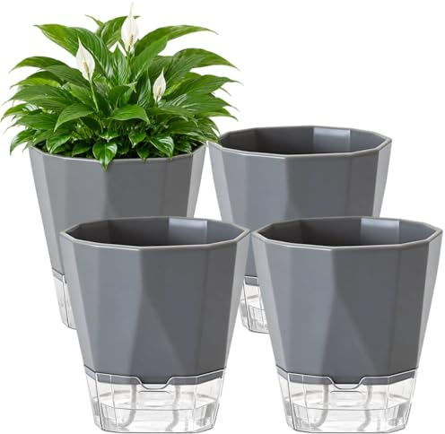 Forbabe 4 stycken självbevattningskrukor set med transparent vattenbehållare 17 cm blomkruka med bevattningssystem örtkruka köksset för inomhus- och balkonglådor ytterkrukset