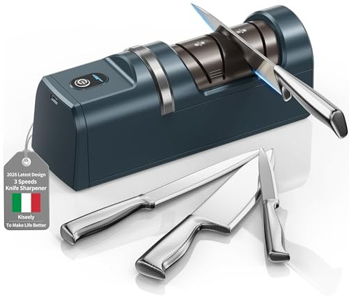 Affilacoltelli elettrico, Sistema di affilatura coltelli 5 in 1 con 3 velocità, affilacoltelli professionale ricaricabile con diamante per affilatura grossolana e fine (Verde)