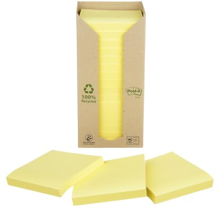 Post-it Recycling Notes Kanariengelb, Packung mit 16 Blöcken, 100 Blatt pro Block, 76 mm x 76 mm, Farbe: Gelb - Selbstklebende Notizzettel aus 100% Recyclingpapier