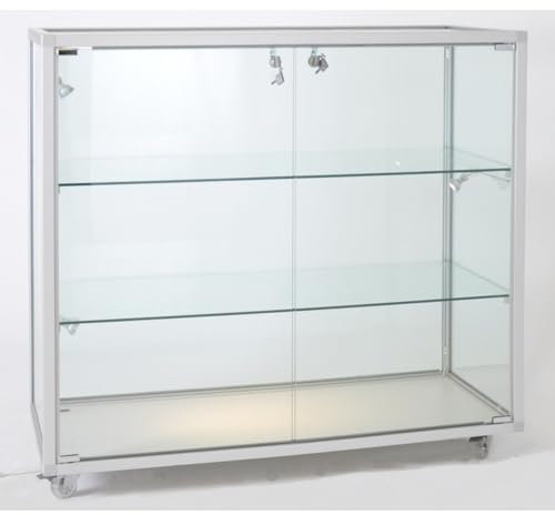 MHN Thekenvitrine & Geschäftsvitrine 41,5 x 98 x 95 cm - Glasvitrine abschließbar & Rollen - ohne Beleuchtung - ideal für Geschäfte, Drogerien, Apotheken & Produktpräsentation