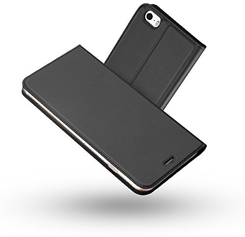 RADOO iPhone 5/5S/SE Hülle, Premium PU Leder Handyhülle Brieftasche-Stil Magnetisch Klapphülle Etui Brieftasche Hülle Schutzhülle Tasche für Apple iPhone 5/iPhone 5S/iPhone SE (Schwarz grau)