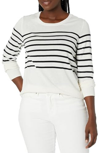 Amazon Essentials långärmad lätt tröja med rund hals (finns i plusstorlek), vit/svart, placerad rand, stor, Svartvit placerad rand, L