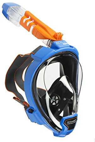 OCEAN REEF - Aria QR+ Maschera Snorkeling Integrale a Rilascio Rapido con Boccaglio - Visione Subacquea a 180 Gradi e Meccanismo Quick Release - 8 Colori e 3 Taglie - Colore Blu - Taglia L/XL