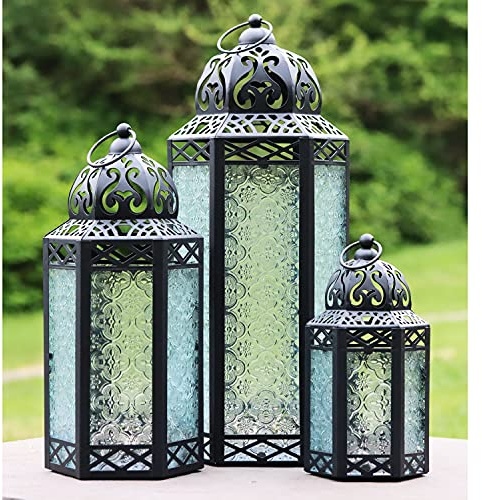 VELA LANTERNS Set of 3 Clear Glass & Black Metal Moroccan Candle Lantern Holders (XL, Large, Small) - Decorative Indoor/Outdoor Decor for Patio, Floor, Weddings & Ramadan