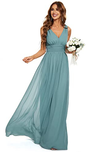Ever-Pretty Vestito da Sera Donna Linea ad A Stile Impero Chiffon Scollo a V Senza Maniche Blu Polveroso 38