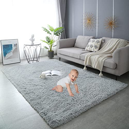 Gsogcax Rugs Living Room 120x160cm, Smoky Grey Fluffy Area Rugs for Bedroom, Shaggy Anti-Skid Super Soft Extra Large Rugs Indoor Modern Home Decor Floor Carpet