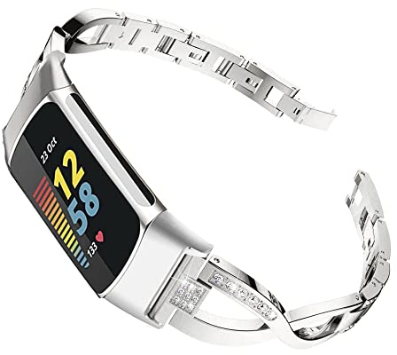 AISPORTS Compatible avec Fitbit Charge 6/5 Bracelet Femme, Slim Crystal Bling Glitter Diamant Strass Bijoux Bracelet en Métal Sport Bracelet de Remplacement pour Fitbit Charge 6/5 Fitness Tracker