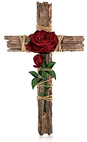 Chunful Croce da parete in legno fatta a mano con corda di canapa rosa in legno a parete croce sacra arte religiosa casa soggiorno decorazione croce accessorio per decorazione casa e regali