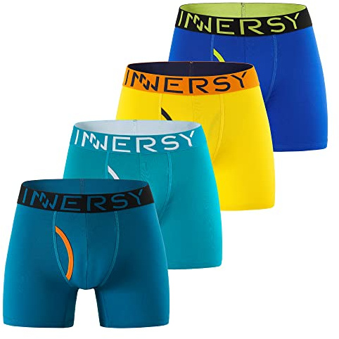 INNERSY Mens Underpants Cotton Boxers Shorts Long Leg Trunks with Fly Underwear Multipack 4 (L, Blue/Green/Lake Blue/Yellow)