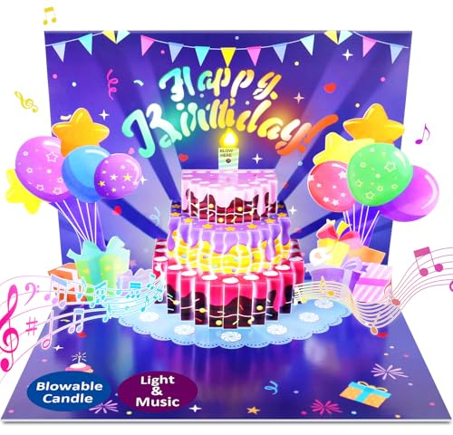 FITMITE Birthday Cards, Musical Pop Up Birthday Cards with Light, Blow Out LED Light Candle and Play Happy Birthday Music Pop Up Card, Birthday Gifts for Women Men Husband Wife Kids Greeting Cards