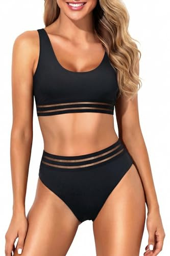 Tempt Me Women Black Sport High Waisted Bikini Two Piece Swimsuit Scoop Neck Bathing Suit with Bottoms L