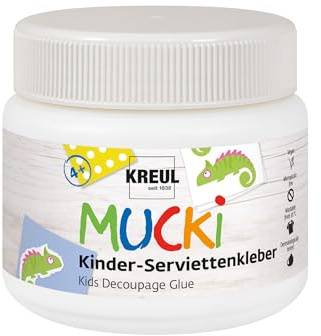 Kreul 24391 - MUCKI Adesivo per tovaglioli per Bambini 150 ml - Adesivo Speciale Lavabile per la Tecnica dei tovaglioli per Bambini con proprietà sensibili