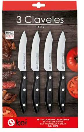 3 Claveles SET 4 CUCHILLOS CHULETEROS DE ACERO INOXIDABLE CON MANGO DE MADERA DE WENGUE EOS 11,5 cm - 4,5 E 3C