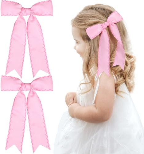 NCMAMA 2PCS Pink Bows for Girls Grosgrain Ribbon Alligator Hair Clips Hair Barrettes Hair Accessories for Girl Teens Kids Toddler with Long Tail