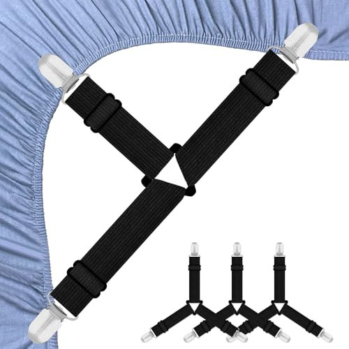 Hanyousheng 4 Stück Bettlakenspanner, Schwarz erstellbare Bettbefestigungen, Lakenspanner mit Metallclips, Dreieckige Bettlaken Spanner für Bettlaken für Bettlaken, Matratze, Sofa, Bügelbrett