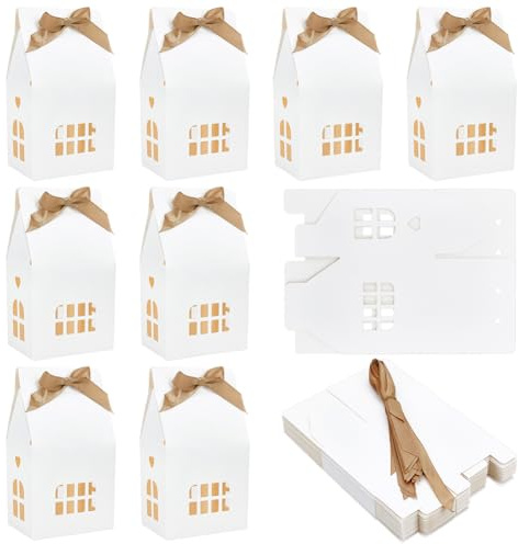 BENECREAT 24 pz. Scatole Regalo A Forma di Casa con Nastro, Scatola di Caramelle di Carta Bianca Da 10.1x7.2x18.3cm, Scatole Regalo per Bomboniere per Feste di Compleanno e Matrimoni