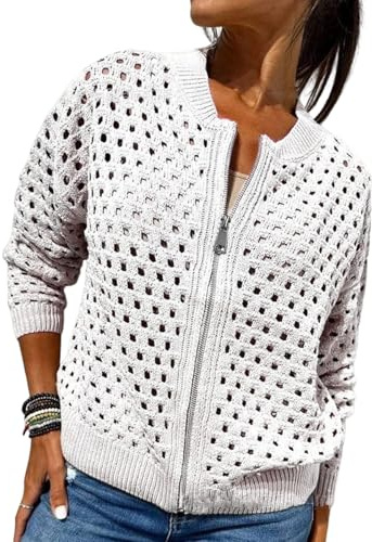 Chaqueta de punto con cremallera y recortes para mujer, suéter tipo cárdigan con cierre de ganchillo, top de punto con aberturas para mujer, prenda exterior de punto con ganchillo (Blanco, XXL)