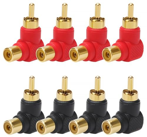 KUOQIY 8 Stücke RCA Rechtwinkliger Adapter, 90 Grad Cinch-Stecker auf Buchse Stecker-Adapter Vergoldet, für Stereo-Audio oder AV-Video, Rot/Schwarz
