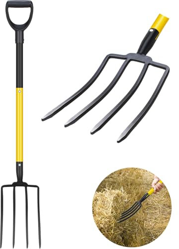 DMHMXZ Pitchfork, Steel Tines, Manual Hay Fork, Pitchforks for Gardening Digging Composting Spading,4Tines Garden Fork witn Fiberglass Handle,46Inches (Black)