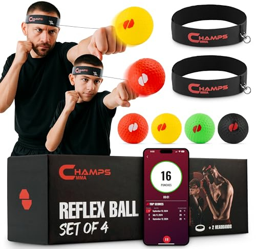 Boxing Reflex Ball Set with Punch Counter App– 4 Box Balls with Varying Weights, 2 Headband and 4 Spare Strings to Improve Speed, Hand-Eye Coordination for Men, Kids Boxing Equipment MMA Gear Gift