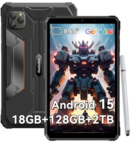 Blackview AI Rugged Tablet, 9 inch Android 15, 18GB+128GB TF 1TB, 180Hz, IP68/IP69K Waterproof, MIL-STD-810H Shockproof, Dual 4G LTE SIM, 16MP+13MP, 18W/OTG/5G WiFi/GPS/NFC/TÜV/Face ID/Glove Mode