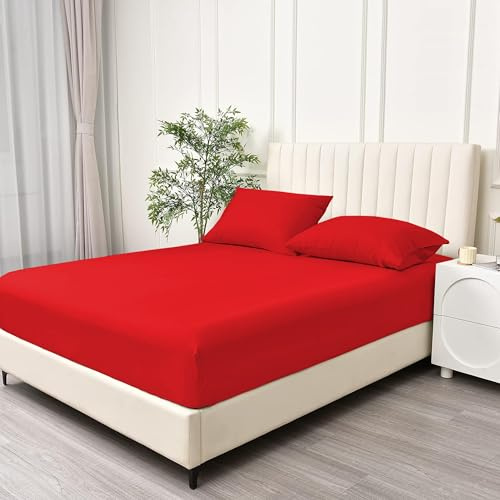 BQC Red Fitted Sheet Single Size 90 x 190 cm - Deep Pocket 12 Inch (30cm) - Soft Easy Care Brushed Microfiber Plain Bed Sheet - Hotel Quality Shrinkage and Fade Resistant Bedding