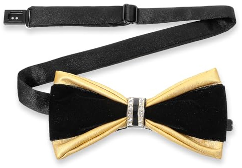 Telooco Black Gold Leather Bow Ties for Men Pre-Tied Bowtie with Rhinestone
