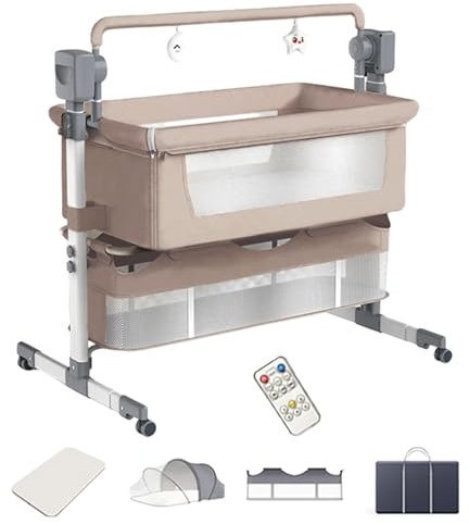 Aveainelle Automatic Rocking Baby Bassinet 3 in 1 Bedside Crib with White Music for Newborn 0-1Y Baby Crib Smart Bed with Mattress Mosquito Net Storage Bag (BEIGE)
