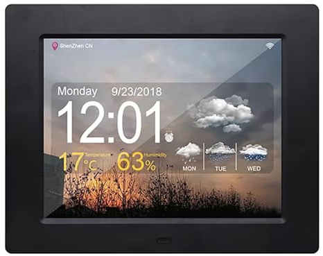 Orologio elettronico con display meteo, sveglia multifunzione con telecomando, 7 sfondi meteo, 4 interfacce, luminosità regolabile, per anziani