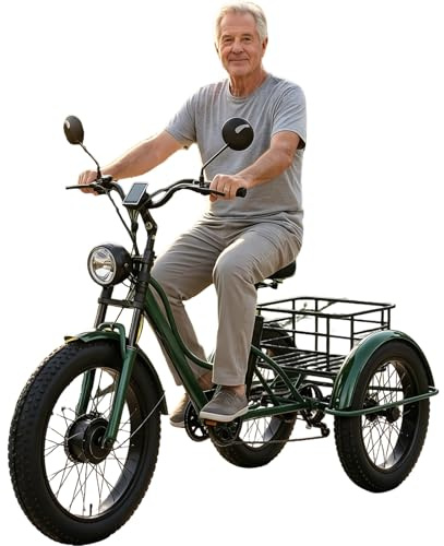 Elektrisk trehjuling för vuxna, 24-tums taktbike-däck, servostöd, 200 kg lastkapacitet, bagagekorg, strålkastare, för vuxna och seniorer, stads- och bergsvägar, blå