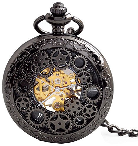 BOSHIYA Herren Taschenuhr mit Kette Mechanische Vintage Steampunk Skelett Halbjäger Handaufzug Mechanische Römische Ziffern Skala Kettenuhr für Herren Schwarz