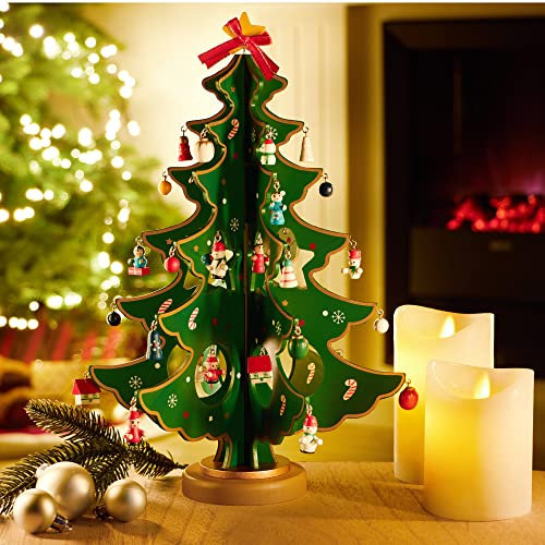 com-four® Mini-Weihnachtsbaum aus Holz - Zierschmuck - Aufsteller mit vielen Ornamenten zum Aufhängen - künstlicher Tannenbaum für den Schreibtisch (01 Stück - Tannenbaum)