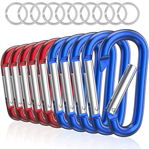 sprookber 3 Aluminum Carabiner D Ring, Caribeener Clips, Spring Snap Hook for Keychain Clip, Set of 10 (Blue,Red)