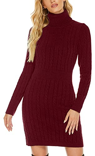 QUNERY Vestito Donna Invernale Elegante,Abito in Maglia Manica Lunga Collo Alto per Autunno,Vestiti Maglione Elasticizzato Casual A-Bordeaux L