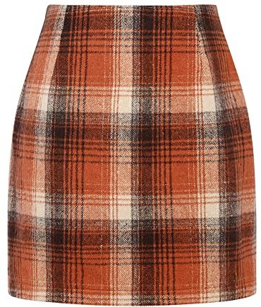 Fall Skirts for Women 2025 High Waisted Plus Size Winter Tartan Tweed Flannel Sweater Corduroy Wool Plaid Mini Skirt (Orange, M)