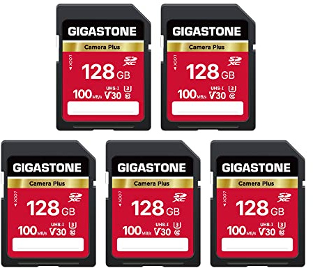 GIGASTONE 128GB 5-Pack SD Card, Camera Plus, V30 SDXC Memory Card High Speed UHD Video Compatible with Canon Nikon Sony Pentax Kodak Olympus Panasonic Digital Camera, with 5 Mini case