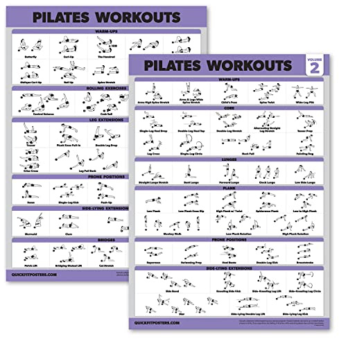 Palace Learning 2-pack – pilates träningsposter volym 1 och 2 – pilatesmatta arbetsövningar – fitnesstabellset (45 cm x 61 cm, LAMINATERAD)