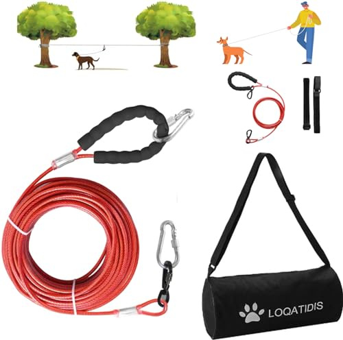 LOQATIDIS Cable de Amarre para Perros 3 en 1, Alambre de Acero Inoxidable Resistente, Sistema de Carro aéreo portátil de 15m, Duradero y Resistente a los tirones de la Correa para Perros Grandes