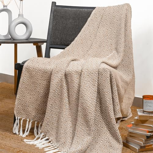 RAJRANG BRINGING RAJASTHAN TO YOU Manta de Lanzamiento de la casa de Campo con Borde Boho 50x60 Pulgadas - Lanza geométrica Suave y Vintage Mantas Tejidas - Piedra