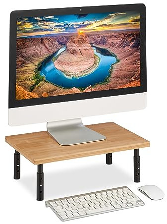 Relaxdays Supporto per Monitor Regolabile in Altezza, Tavolino Scrivania, Alza Schermo PC, 16x42x26,5 cm, Nero Naturale, bambù