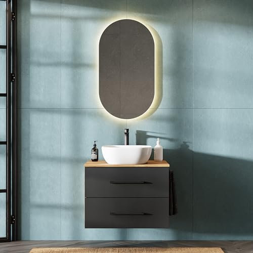 Planetmöbel LUX - Set di mobili da bagno, con mobile sottolavabo sospeso da 70 cm e lavabo da appoggio da 60 cm, colore bianco, mobile sottolavabo: rovere dorato/antracite